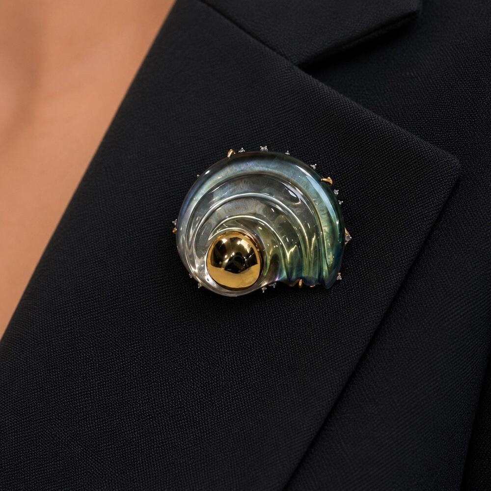 RARE Vintage Alexis Bittar Lucite Brooch Nautilus Shell Pendant Statement Ocean